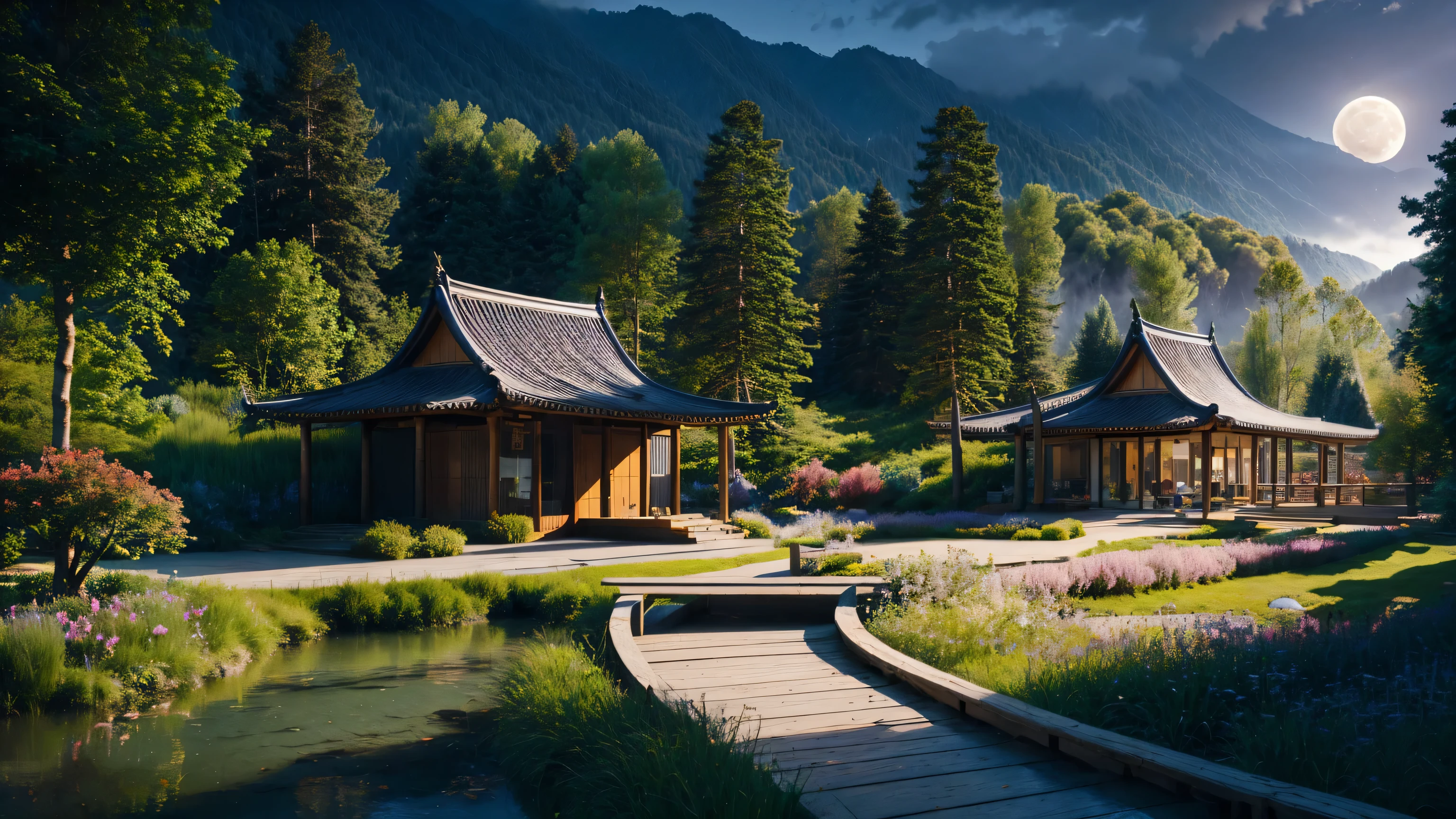 Uma obra-prima, a bambu forest, um campo, uma linda garota de 18 anos vestindo um quimono, um céu estrelado, A lua, bambu, uma visão profunda, muitas estrelas, uma visão noturna, uma pequena e simples casa folclórica, uma montanha, um rio, abreviar, uma árvore mágica, um vale de fantasia, floresta de bambu, Mundo mágico, paisagem onírica colorida e detalhada, Fantasia lindamente detalhada, Flores
