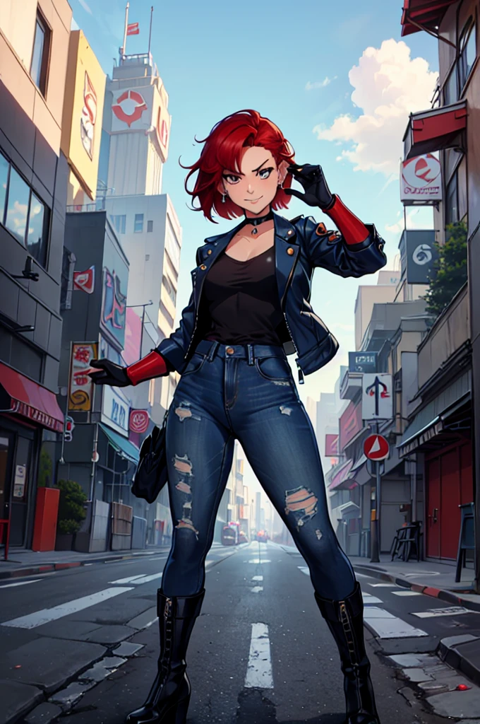 a eles são girl in the art style of persona5 and in the art style of street of rage 4, delinquent, (eles são), maduro female, corar, maduro, mulher mais velha, 2, eles são teacher outfit, ((((1 garota, Sozinho female, Sozinho, Sozinho focus:1,9)))++++, gargantilha, eles são teacher, eles são Lutarer, mangas compridas, open jaqueta, blue jaqueta,( jeans)+++, pele clara feminina, (corpo todo)+++++, jaqueta, biker jaqueta, tape, apoio de braço, luvas, red luvas, manoplas de noiva, esmalte, botas, calçado preto, Lutarer outfit, (corpo todo)+++++++, Ampulheta, maduro face, sorriso malandro, cara atrevida, rugas, (((((cabelo vermelho, cabelo curto, Brincos, piercings nas orelhas)))), olho vermelho, Lutaring art, Artes marciais, de pé, Lutaring stance, Lutar, Lutaring), cores extras, 2D, Megapixels, perfeccionismo, Iluminação de destaque, Full HD , (obra de arte:1.2), (tiro de corpo inteiro:1),(tiro de vaqueiro:1.2), (Altamente detalhado:1.2),(rosto detalhado de anime:1.2), colorida, Um olho detalhado, (paisagem detalhada:1.2), (iluminação natural:1.2), ((eles são school teacher)) por Vincent Di Fate: Ajuda, Tiro Anamórfico, regra dos terços, rosto por Artgerm e WLOP, ((rua da raiva 4 cenário da cidade)), cenário de cidade fictícia no estilo artístico de Street of Rage 4, estilo anime Gainax, estúdio ganhoax art, estúdio ganhoax illustration, inspired por Masamune Shirow, estúdio ganhoax, por Masamune Shirow, lindo personagem de evangelion, rua da raiva 4 arte, ilustração de rua da raiva 4,