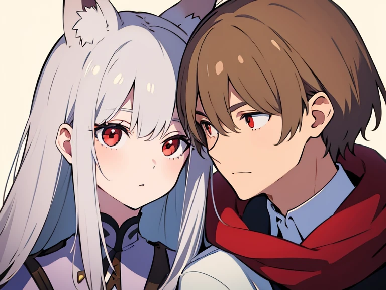 (best quality, highres, ultra-detailed:1.2), realistic, painting, detailed faces, couple, man Fox earl  pale skin, short white hair, red eyes, casual clothing, woman fox earl pale skin, long silver hair, red eyes, casual clothing, fox-like appearance, acostada sobre el, sentada sobre el o por delante de el