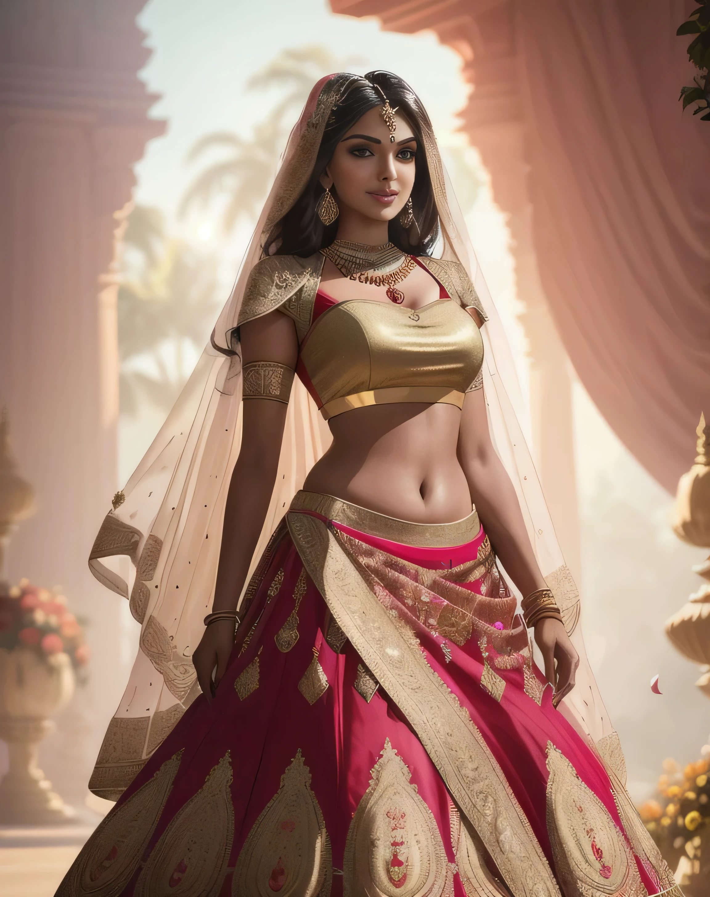 (masterpiece full length photography of a solo:1.2) alluring sexy tall curvy (18 yr old) Indian supermodel princess bride Amala Paul walking in (royal garden:1.3), (wearing stunning bridal red & gold lehenga & blouse:1.3). sheer dupatta, maximalism, (wedding flower decorations:1.3), (indian makeup & jewelry:1.2) long braided brown hair with highlights,, vivacious, lustful glance, exhilarated (beautiful detailed eyes:1.1) , (flirty bright smile:1.2), (intense dramatic afternoon light:1.4), backlit, key light, rim light, light rays, highly detailed, trending on artstation, paint splashes, rich color, abstract portrait, by Atey Ghailan