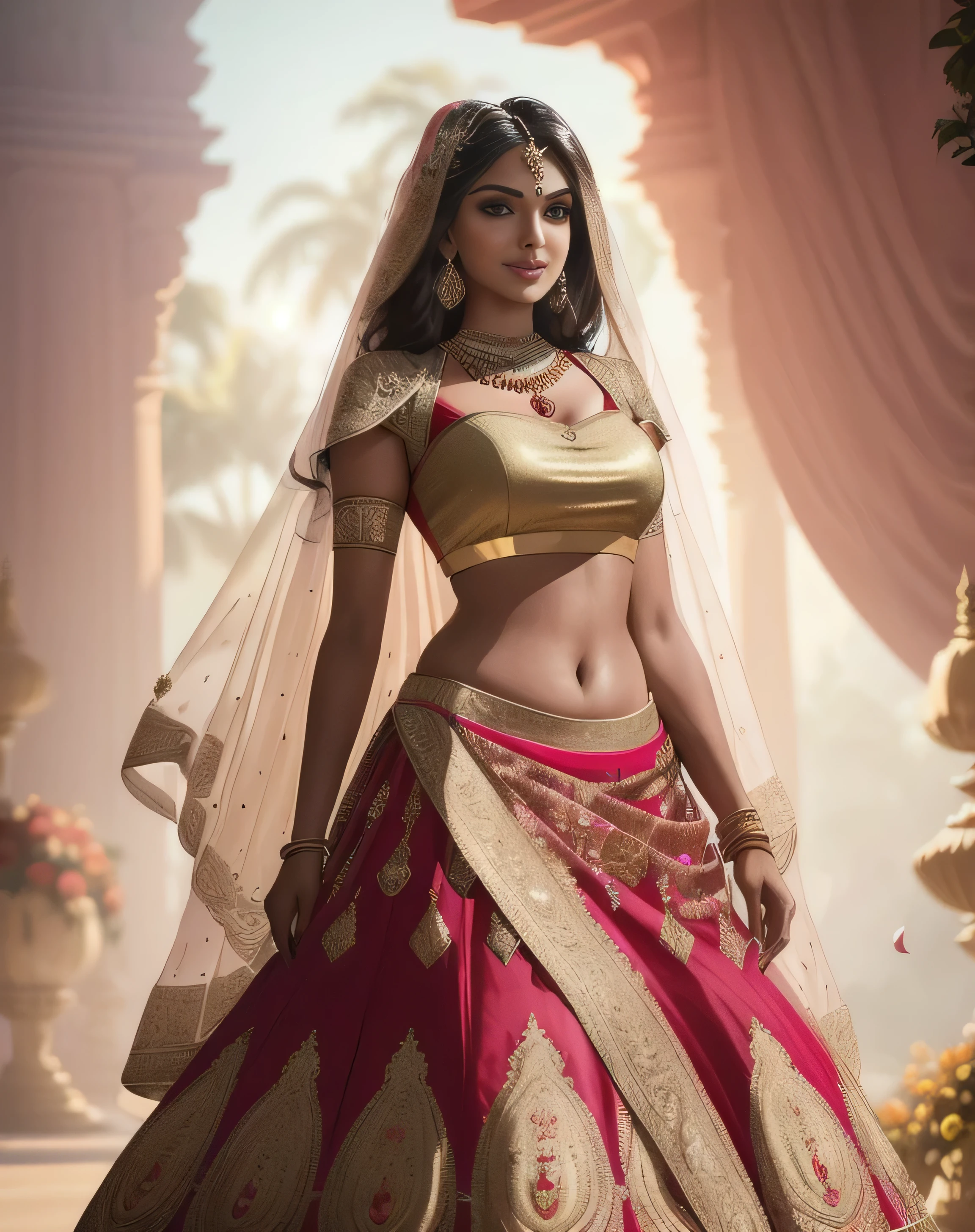 (obra maestra de fotografía de larga duración de un solo:1.2) seductor sexy alto con curvas (18 años) La novia princesa supermodelo india Amala Paul caminando en (jardín real:1.3), (luciendo un impresionante rojo nupcial & lehenga de oro & blusa:1.3). pura dupatta, maximalismo, (decoraciones florales de boda:1.3), (maquillaje indio & joyas:1.2) Cabello castaño largo trenzado con reflejos.,, vivaz, mirada lujuriosa, regocijado (hermosos ojos detallados:1.1) , (sonrisa brillante y coqueta:1.2), (intensa y espectacular luz de la tarde:1.4), retroiluminado, llave de luz, Luz de llanta, rayos de luz, muy detallado, tendencia en artstation, salpicaduras de pintura, color rico, Retrato abstracto, por Atey Ghailan