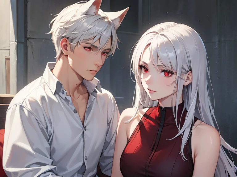 (best quality, highres, ultra-detailed:1.2), realistic, painting, detailed faces, couple, man Fox earl  pale skin, short white hair, red eyes, casual clothing, woman fox earl pale skin, long silver hair, red eyes, casual clothing, fox-like appearance, acostada sobre el, sentada sobre el o por delante de el