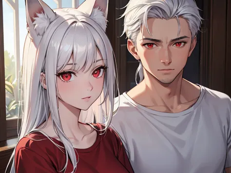 (best quality, highres, ultra-detailed:1.2), realistic, painting, detailed faces, couple, man fox earl  pale skin, short white h...