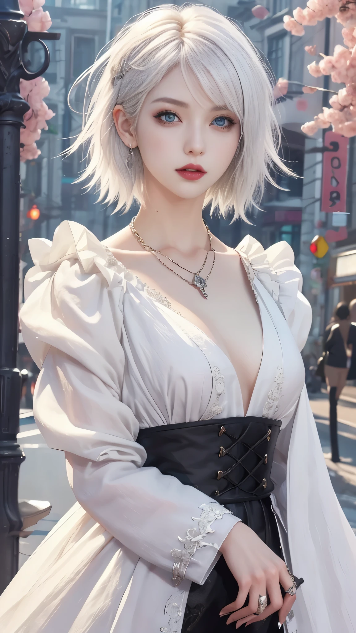 ​masterpiece, top-quality, ((1womanl)), different white color, finely eye and detailed face, intricate detailes, Casual black and white attire, window, A smile, Happiness, tenderness, high-level image quality、selfee, Beautuful Women、tall、a small face, D-cups, The upper part of the body、nightfall, nighttime scene、𝓡𝓸𝓶𝓪𝓷𝓽𝓲𝓬、Korea person, Idol Photos, Model photo, k pop, Professional Photos, Vampires, Korean fashion in black and white, Fedoman with necklace, inspired by Sim Sa-jeong, androgynous vampire, :9 detailed face: 8, extra detailed face, detailed punk hair, ((eyes are deialed)) baggy eyes, Seductive. Highly detailed, semi realistic anime, Vampires, hyperrealistic teen, Delicate androgynous princess, imvu, ((short hair woman)), white hair woman with wild look, ((Woman with short white hair)), ((1 persons)),