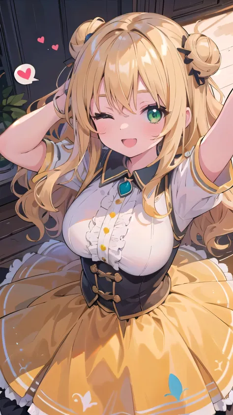 (masterpiece:1.2), (highest quality:1.2), perfect eyes, perfect face, perfect lighting, middle ages, bed, 1 girl, blonde, yellow-green eyes, one eye closed, (((wavy hair))), bun_head, medium hair, Orange idol dress,  cute eyes, open mouth, ((from above)), ...