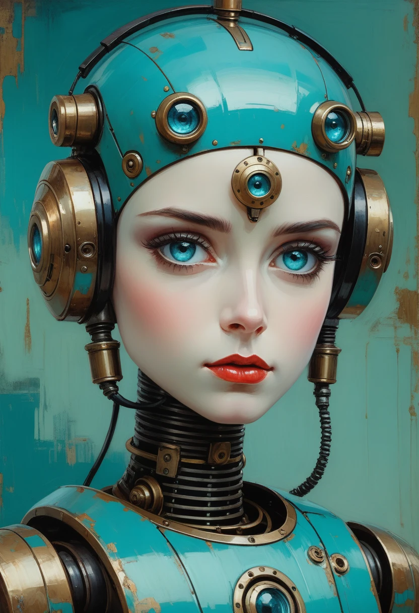 Full length view. Little funny robot, porcelain face and head, big turquoise eyes, perfect eyes, top quality style. A beautiful cinematic impressionistic picture, a dark dramatic character, in the style of Jeremy Mann and Charles Dana Gibson, Mark Demsteder, Paul Hedley. Spartak Mukanov.
