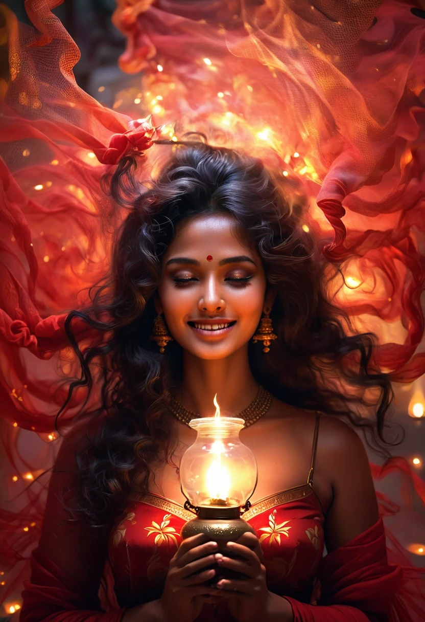 a close-up of a woman holding a letting oil lamp in her hands, Hindu aesthetic, beautiful digital artwork, Indian goddess, beautiful digital illustration, stunning digital illustration, beautiful character pictures, beautiful goddess, art germ, beautiful lit, glowing flowing hair, wearing a red net cloth, big smile on her face, showing some skin around the waist, picture from head to toe, in a temple