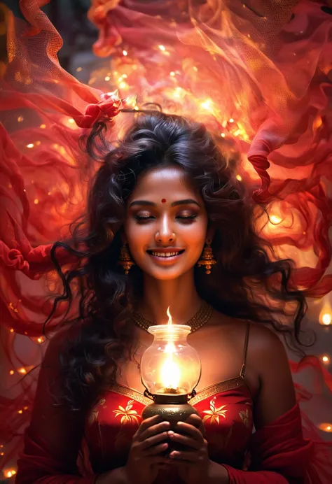 a close-up of a woman holding a letting oil lamp in her hands, hindu aesthetic, beautiful digital artwork, indian goddess, beaut...