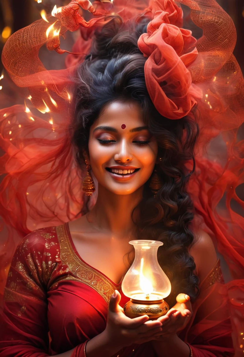 a close-up of a woman holding a letting oil lamp in her hands, Hindu aesthetic, beautiful digital artwork, Indian goddess, beautiful digital illustration, stunning digital illustration, beautiful character pictures, beautiful goddess, art germ, beautiful lit, glowing flowing hair, wearing a red net cloth, big smile on her face, showing some skin around the waist, picture from head to toe, in a temple