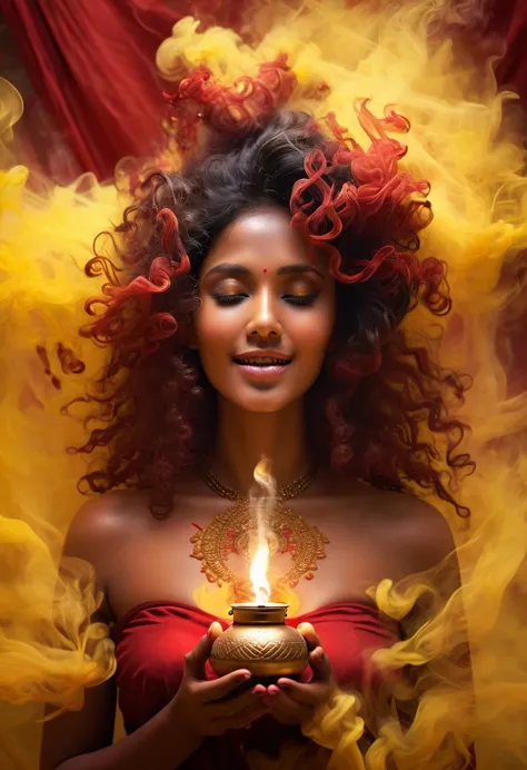 a close-up of a woman holding a letting oil lamp in her hands, hindu aesthetic, beautiful digital artwork, indian goddess, beaut...