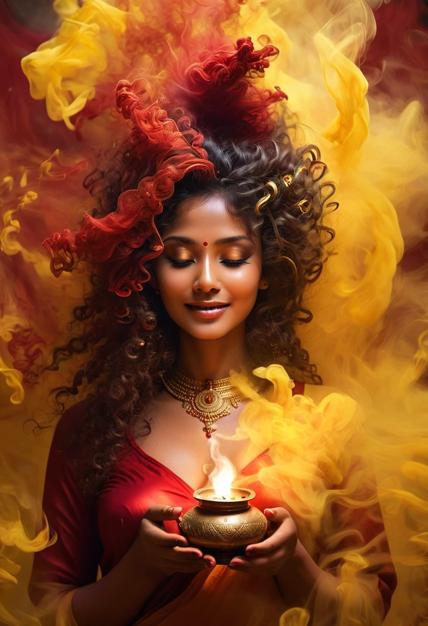 a close-up of a woman holding a letting oil lamp in her hands, Hindu aesthetic, beautiful digital artwork, Indian goddess, beautiful digital illustration, stunning digital illustration, beautiful character pictures, beautiful goddess, art germ, beautiful lit, glowing flowing hair, wearing a red net cloth, big smile on her face, showing some skin around the waist, picture from head to toe, in a temple, red and yellow smoke from behind, smoke entangled with her curly hair in air, dreamy imagination