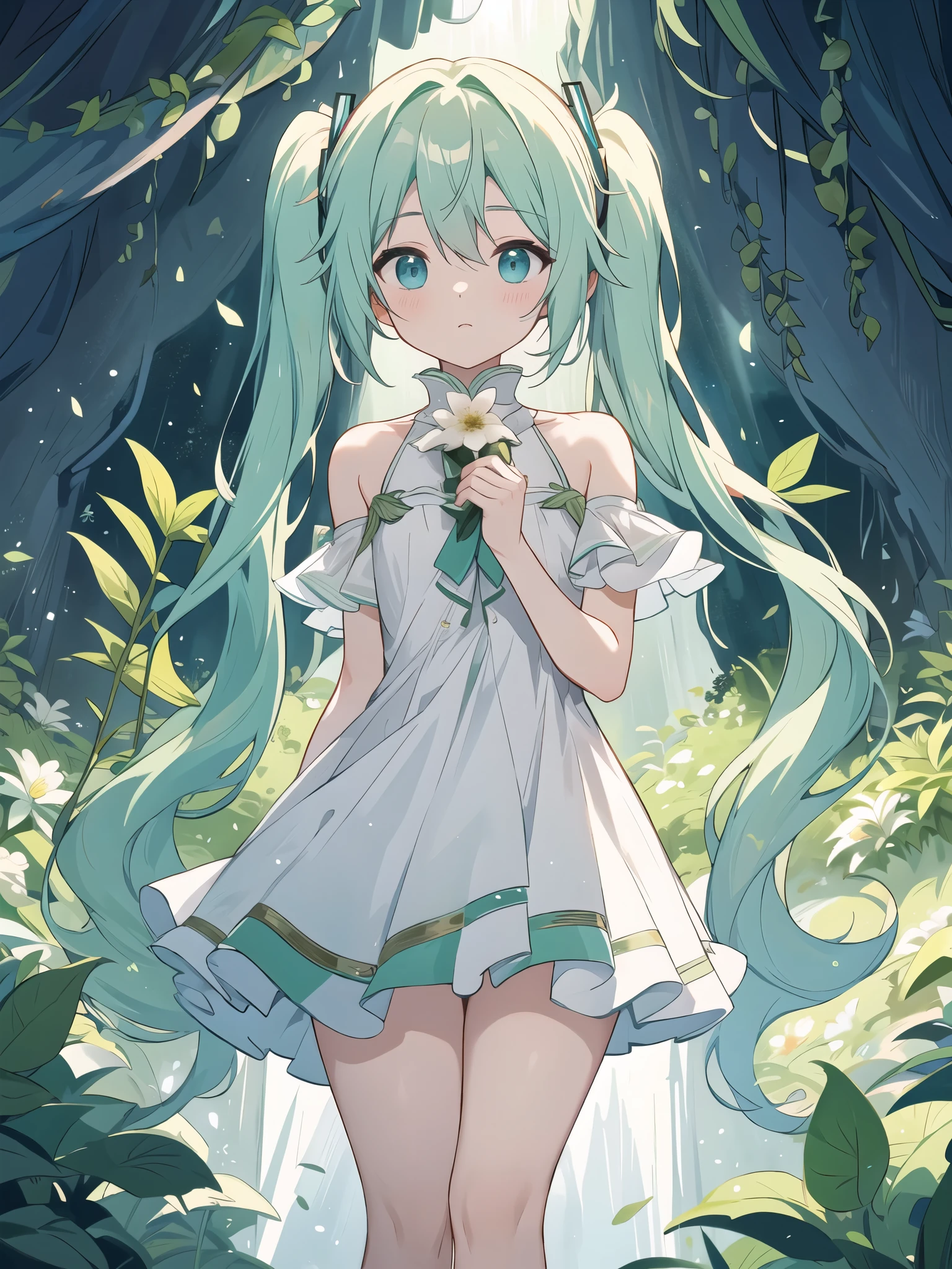 Inside a dark cave with an opening at the top, zenith lighting, A bright plant that gently illuminates its surroundings with a green hue, thick thighs, wide hips, 成熟したwoman, (dramatic light:1.3), 
woman, Hatsune Miku:1.2, alone, flashy cute green dress, flower, long hair, white dress, twin tails, very long hair, where