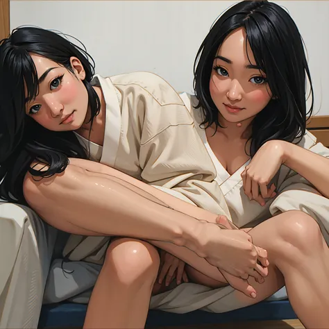 Risa, black haired japanese girl, sitting in bed , cute, beautiful, crossing legs, realistic style, highly detailed, 4k, look at...