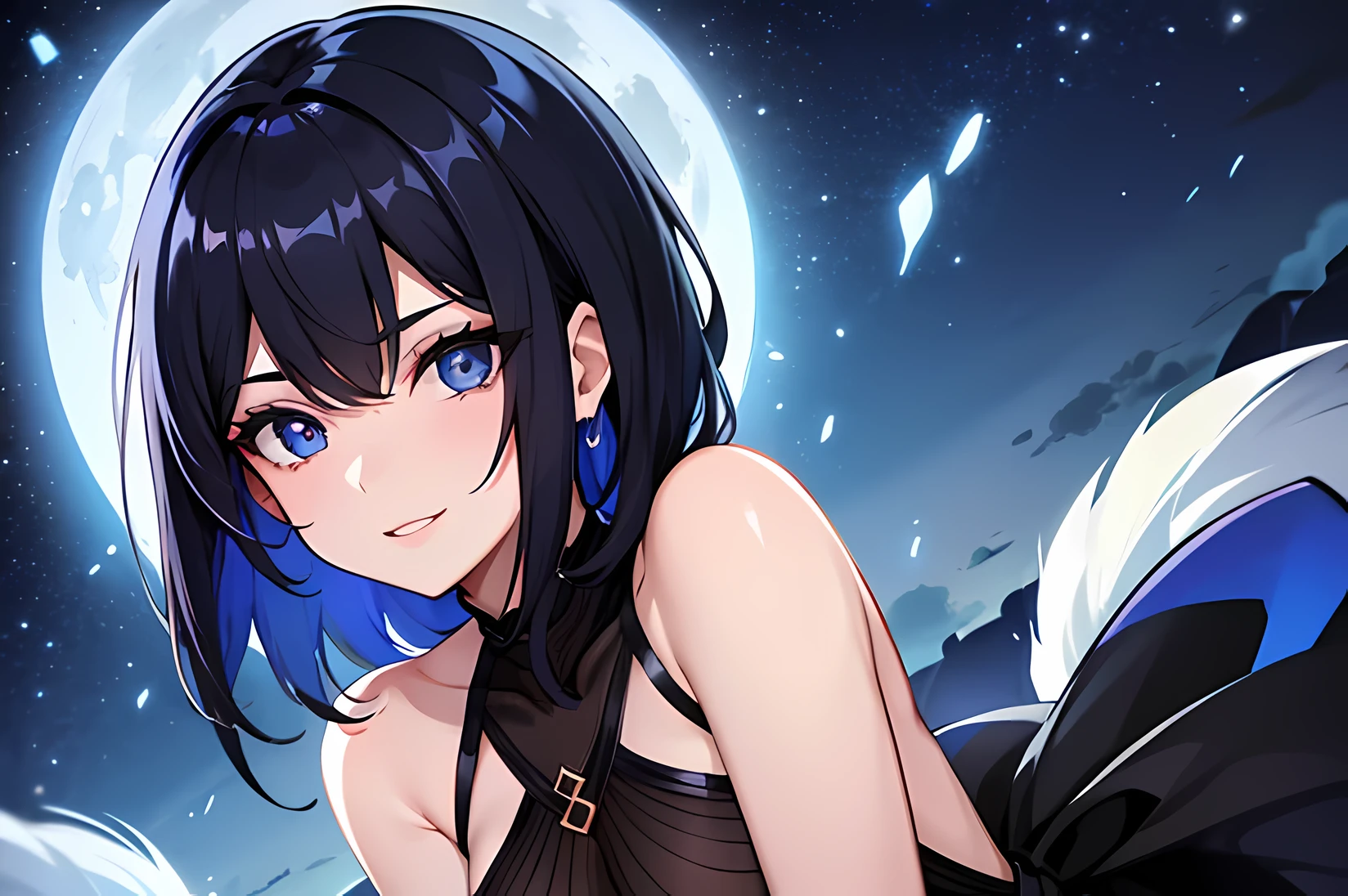 Anime girl with blue eyes and black hair in front of a full moon - SeaArt AI