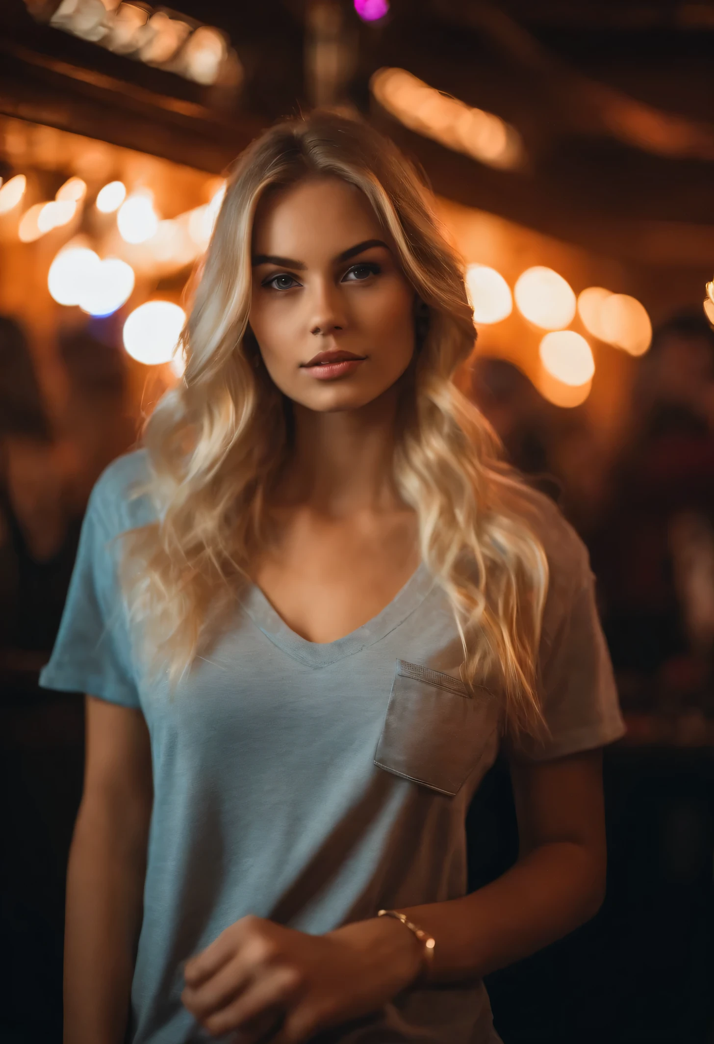 A woman standing in a bar with a light on her face - SeaArt AI