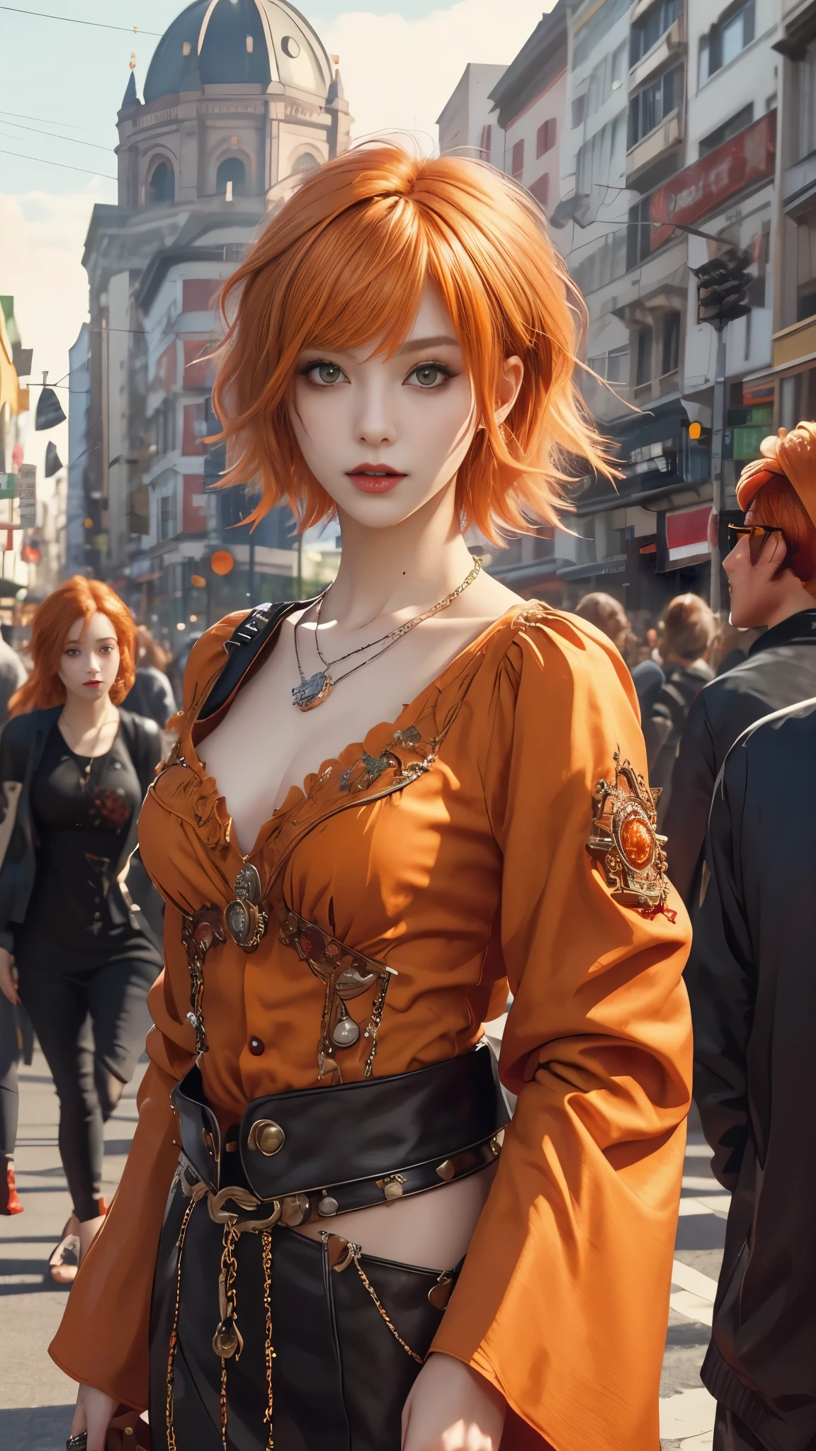 ​masterpiece, top-quality, ((1womanl)), different orange color, finely eye and detailed face, intricate detailes, Casual black and orange attire, window, A smile, Happiness, tenderness, high-level image quality、selfee, Beautuful Women、tall、a small face, D-cups, The upper part of the body、nightfall, nighttime scene、𝓡𝓸𝓶𝓪𝓷𝓽𝓲𝓬、Korea person, Idol Photos, Model photo, k pop, Professional Photos, Vampires, Korean fashion in black and orange, Fedoman with necklace, inspired by Sim Sa-jeong, androgynous vampire, :9 detailed face: 8, extra detailed face, detailed punk hair, ((eyes are deialed)) baggy eyes, Seductive. Highly detailed, semi realistic anime, Vampires, hyperrealistic teen, Delicate androgynous princess, imvu, ((short hair woman)), orange hair woman with wild look, ((Woman with short orange hair)), ((1 persons)),