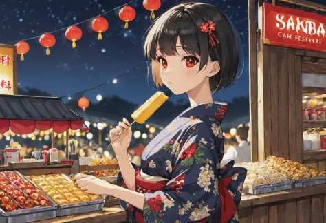 #woman#short#tie hair#black yukata#Background night festival#red eyes#Cool appearance#Visit the food stalls#black hair#high reso...