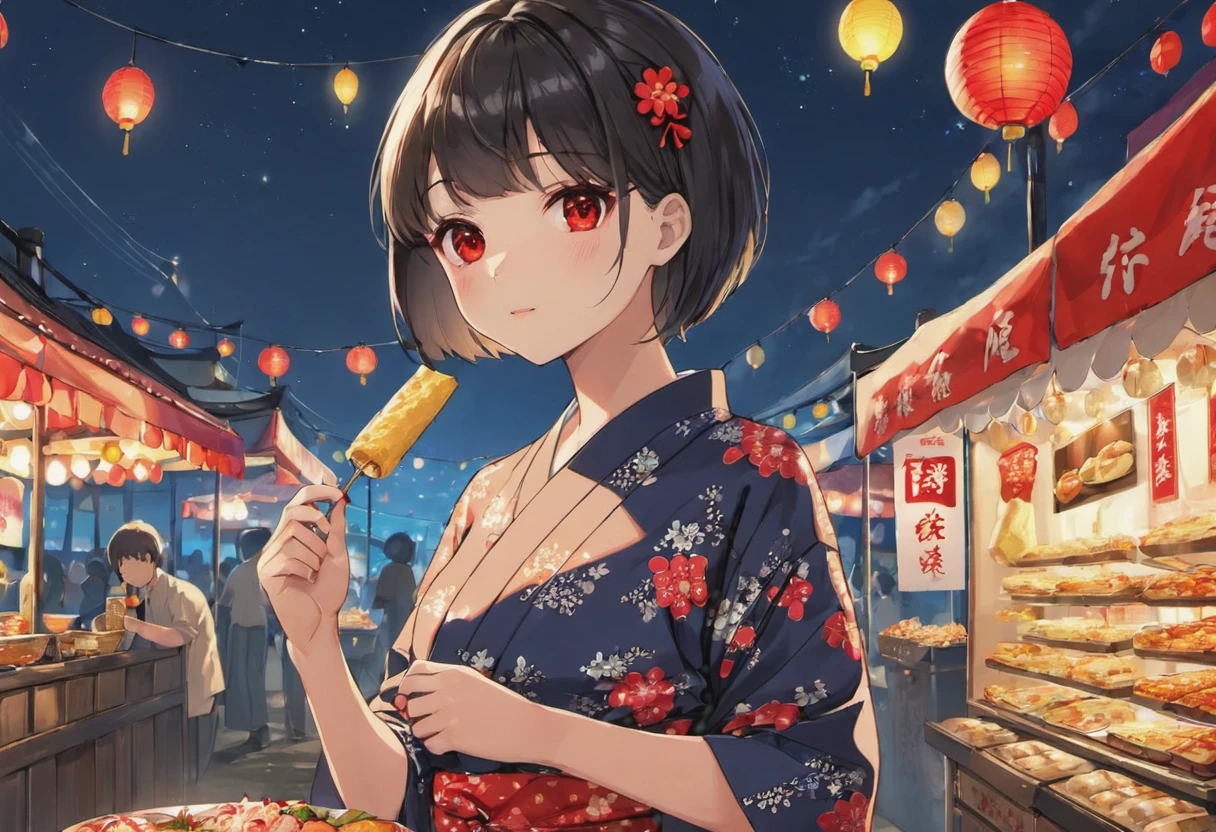 #woman#short#tie hair#black yukata#Background night festival#red eyes#Cool appearance#Visit the food stalls#black hair#high resolution#8k