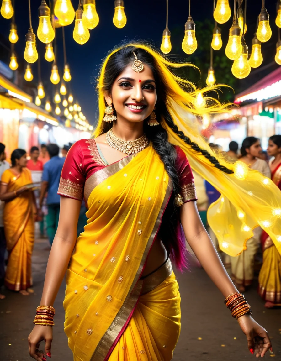 colorful hairs, beautiful Indian women, age around 29, yellow sari, dancing in streets, night market, beautiful face, background lightning, fireflies