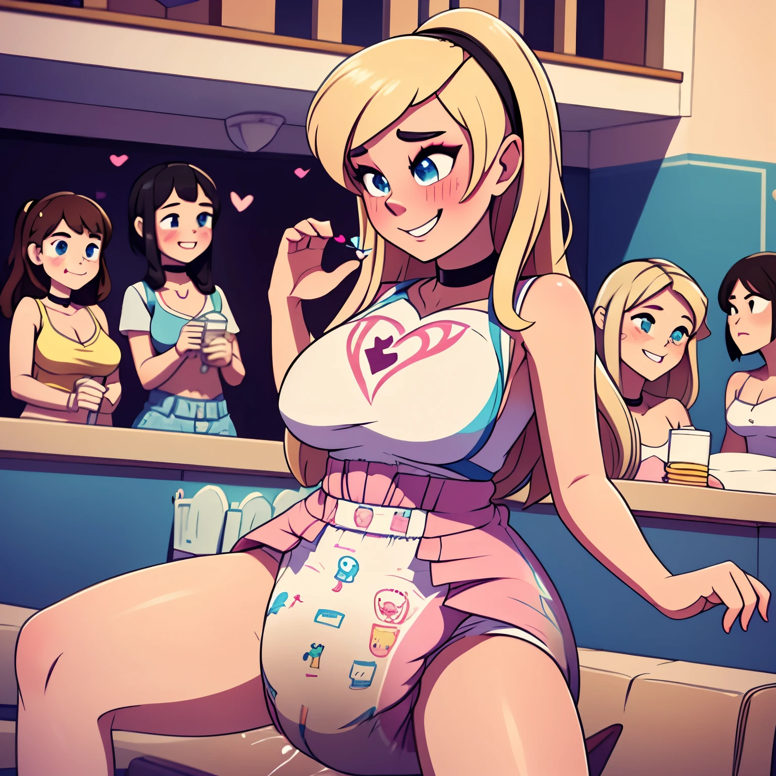 Anime girl in a pink dress with a bunch of girls behind her - SeaArt AI