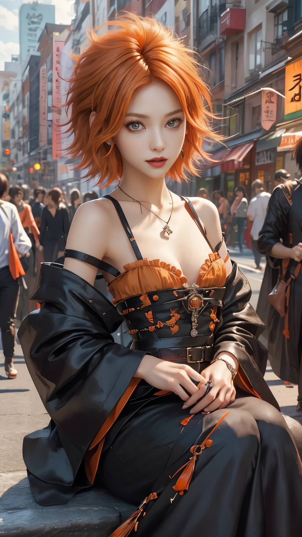 ​masterpiece, top-quality, ((1womanl)), different orange color, finely eye and detailed face, intricate detailes, Casual black and orange attire, window, A smile, Happiness, tenderness, high-level image quality、selfee, Beautuful Women、tall、a small face, D-cups, The upper part of the body、nightfall, nighttime scene、𝓡𝓸𝓶𝓪𝓷𝓽𝓲𝓬、Korea person, Idol Photos, Model photo, k pop, Professional Photos, Vampires, Korean fashion in black and orange, Fedoman with necklace, inspired by Sim Sa-jeong, androgynous vampire, :9 detailed face: 8, extra detailed face, detailed punk hair, ((eyes are deialed)) baggy eyes, Seductive. Highly detailed, semi realistic anime, Vampires, hyperrealistic teen, Delicate androgynous princess, imvu, ((short hair woman)), orange hair woman with wild look, ((Woman with short orange hair)), ((1 persons)), sitting,