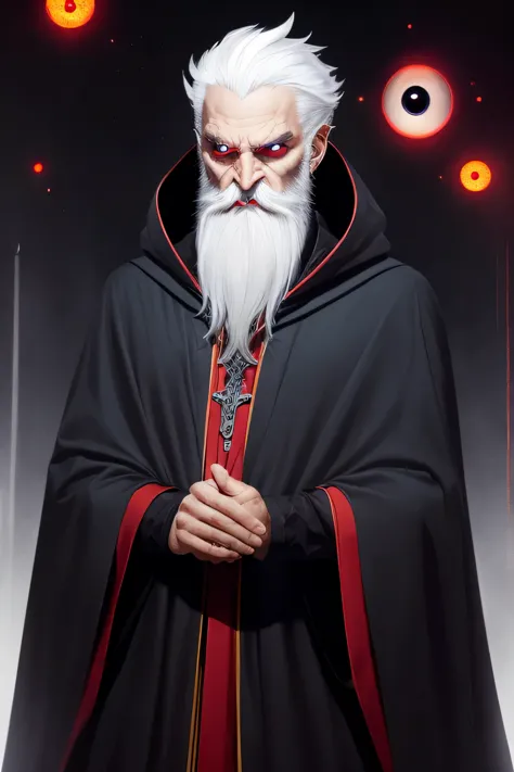 Evil wizard black cloak with lots of eyes on it long white hair and beard red eyes