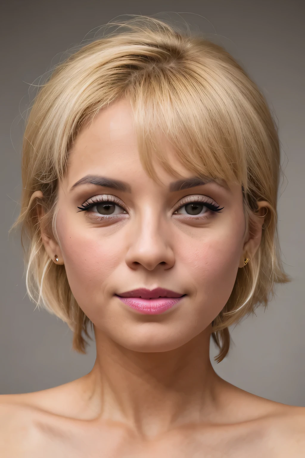 A close up of a woman with a pink lipstick and a short blond hair - SeaArt  AI