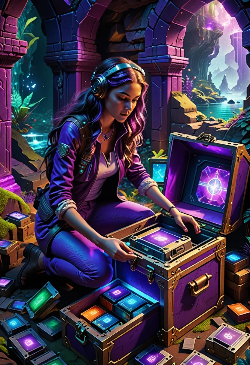 (best quality,4k,8k,highres,masterpiece:1.37), ultra-detailed, (realistic,photorealistic,photo-realistic:1.37), (aerial view), (top down perspective), (1insectoid girl), (the focal point is a girl pulling a video game cartridge out of a futuristic artifact chest full of retro video game cartridges:1.6), (the girl is looking at the box:1.4), (Futuristic artifact box), (the artifact box is open), (The scene unfolds inside a mystical cavern:1.4), fractal_body, (The girl is wearing an organic exoskeleton, covering her entire body, made with glass details:1.5), (dynamic angle:1.37), (The girl's hair is made of fractal technologic components:1.5), (fantasy and sci-fi mixed:1.5), holographic glitch effects floats around the girl, vibrant colors, (A purple glow emanates from inside the treasure chest), glowing lights, (abandoned machinery), (there are old video game cartridges and consoles on the background), mystical creatures, pixelated details, (there are crystal formations spreading on the background), (futuristic technology), (ancient artifacts), mystical energy, vibrant retro aesthetic, atmospheric lighting, ancient ruins, mysterious symbols, shimmering water, lush vegetation, interdimensional portals, nostalgic atmosphere, immersive storytelling, epic adventure, delightful surprises