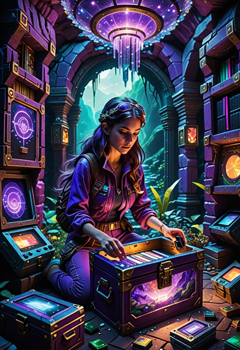 (best quality,4k,8k,highres,masterpiece:1.37), ultra-detailed, (realistic,photorealistic,photo-realistic:1.37), (aerial view), (top down perspective), (1insectoid girl), (the focal point is a girl pulling a video game cartridge out of a futuristic artifact chest full of retro video game cartridges:1.6), (the girl is looking at the box:1.4), (Futuristic artifact box), (the artifact box is open), (The scene unfolds inside a mystical cavern:1.4), fractal_body, (The girl is wearing an organic exoskeleton, covering her entire body, made with glass details:1.5), (dynamic angle:1.37), (The girl's hair is made of fractal technologic components:1.5), (fantasy and sci-fi mixed:1.5), holographic glitch effects floats around the girl, vibrant colors, (A purple glow emanates from inside the treasure chest), glowing lights, (abandoned machinery), (there are old video game cartridges and consoles on the background), mystical creatures, pixelated details, (there are crystal formations spreading on the background), (futuristic technology), (ancient artifacts), mystical energy, vibrant retro aesthetic, atmospheric lighting, ancient ruins, mysterious symbols, shimmering water, lush vegetation, interdimensional portals, nostalgic atmosphere, immersive storytelling, epic adventure, delightful surprises