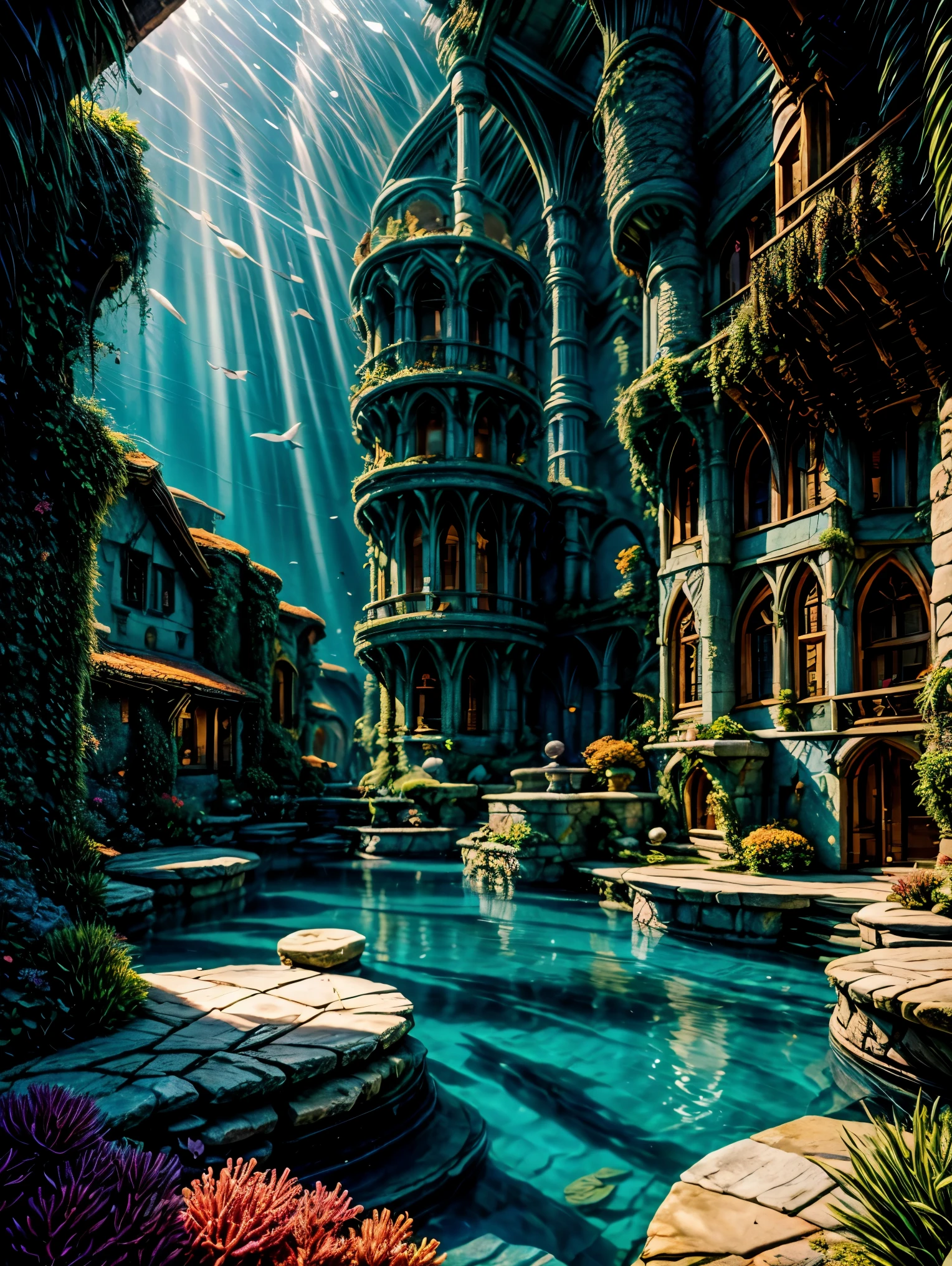 best quality,4k,8k,highres,masterpiece:1.2,ultra-detailed,realistic,photorealistic:1.37,underwater city,hidden civilization,glowing ruins,ancient architecture,coral reefs,aquatic plants,dazzling light rays,mythical creatures,secrets of the deep,lost treasure,captivating beauty,azure waters,ethereal atmosphere,colorful marine life,majestic structures,diving adventures,mesmerizing landscapes,submerged statues,sunken ships,enchanted atmosphere,dreamlike surroundings,mysterious civilizations,subaquatic exploration,serene ambiance,forgotten history,surreal experience,otherworldly paradise,luminous sculptures,serenity and tranquility,shimmering reflections,wonder and awe,majestic underwater palaces