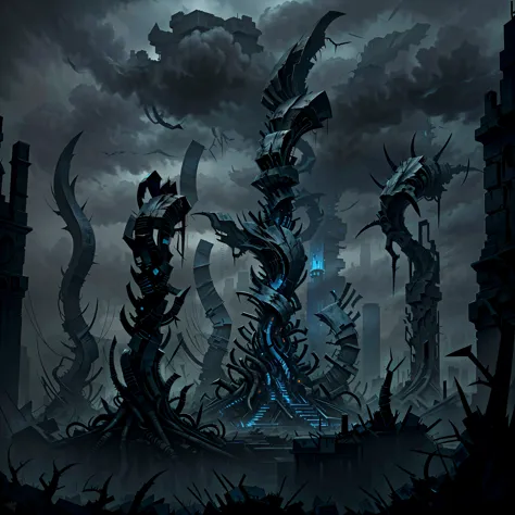 A painting of a city surrounded by horrible monuments and horror sculptures with thorns. The city is dark and gloomy, and there ...