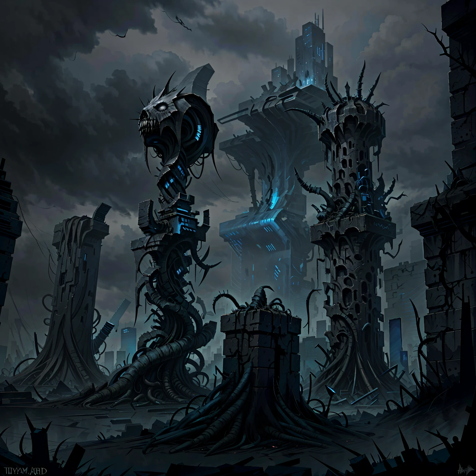 A painting of a city surrounded by horrible monuments and horror sculptures with thorns. The city is dark and gloomy, and there are no lights or people in sight. There are monuments and sculptures with sharp teeth and a long tail stands in the middle of the city. The scene is reminiscent of a heavy metal album cover, dark and foreboding. Dark and blue pallet. Color illustration., illustration, painting