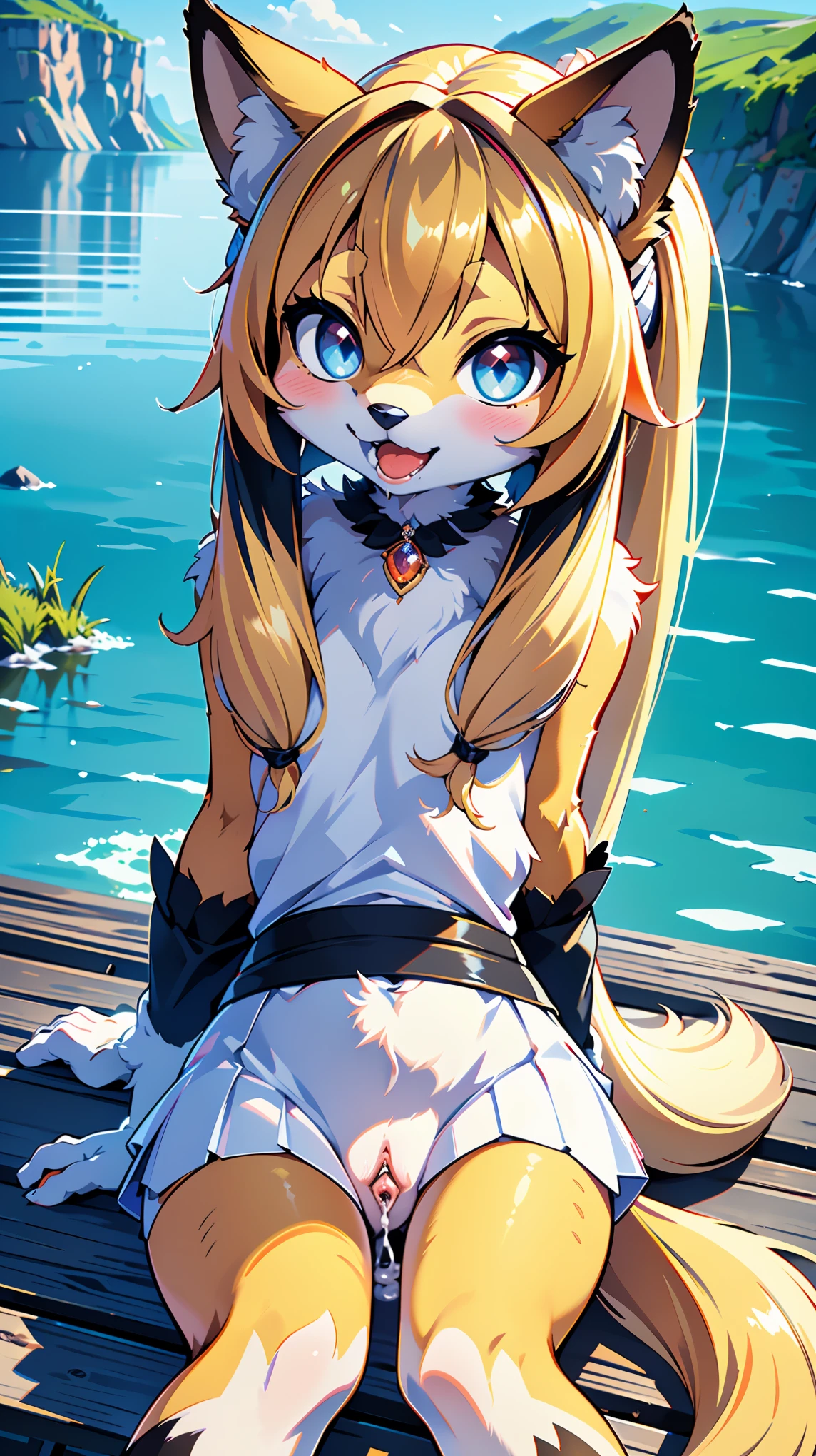 Cute Chibi Anime Wolf Furry Porn - Anime girl sitting on a dock with a cat in her lap - SeaArt AI