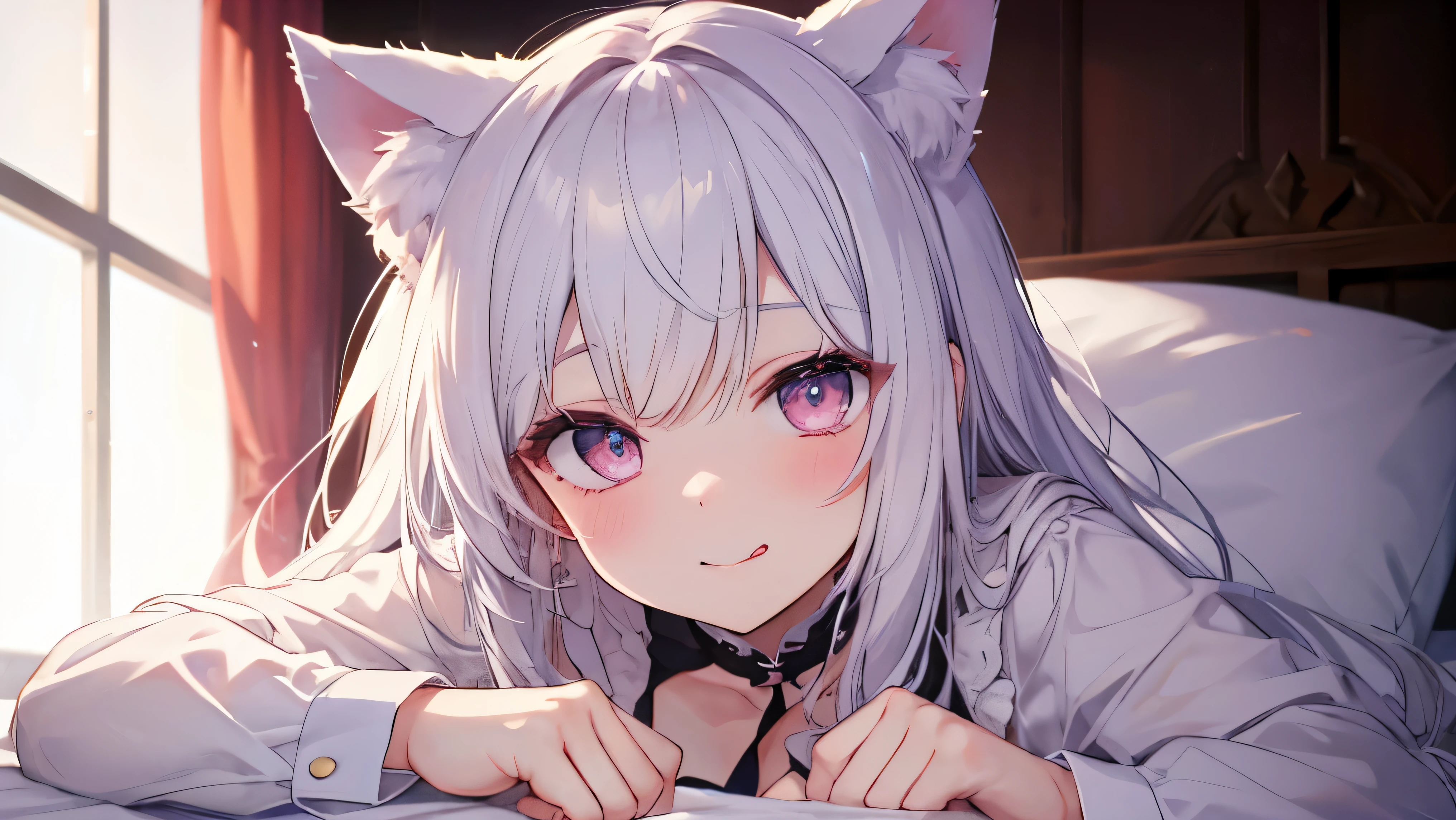 Anime girl laying on bed with cat ears and pink eyes - SeaArt AI