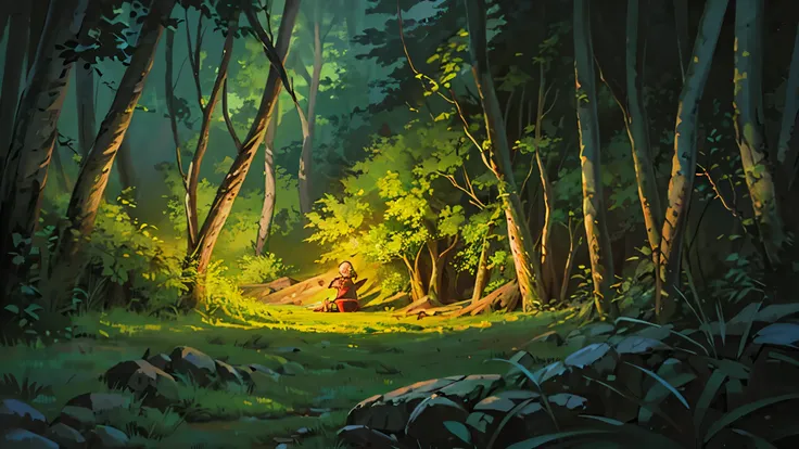 ((at night)), dark jungle landscape, a small lake, a boy sit next to a fire place