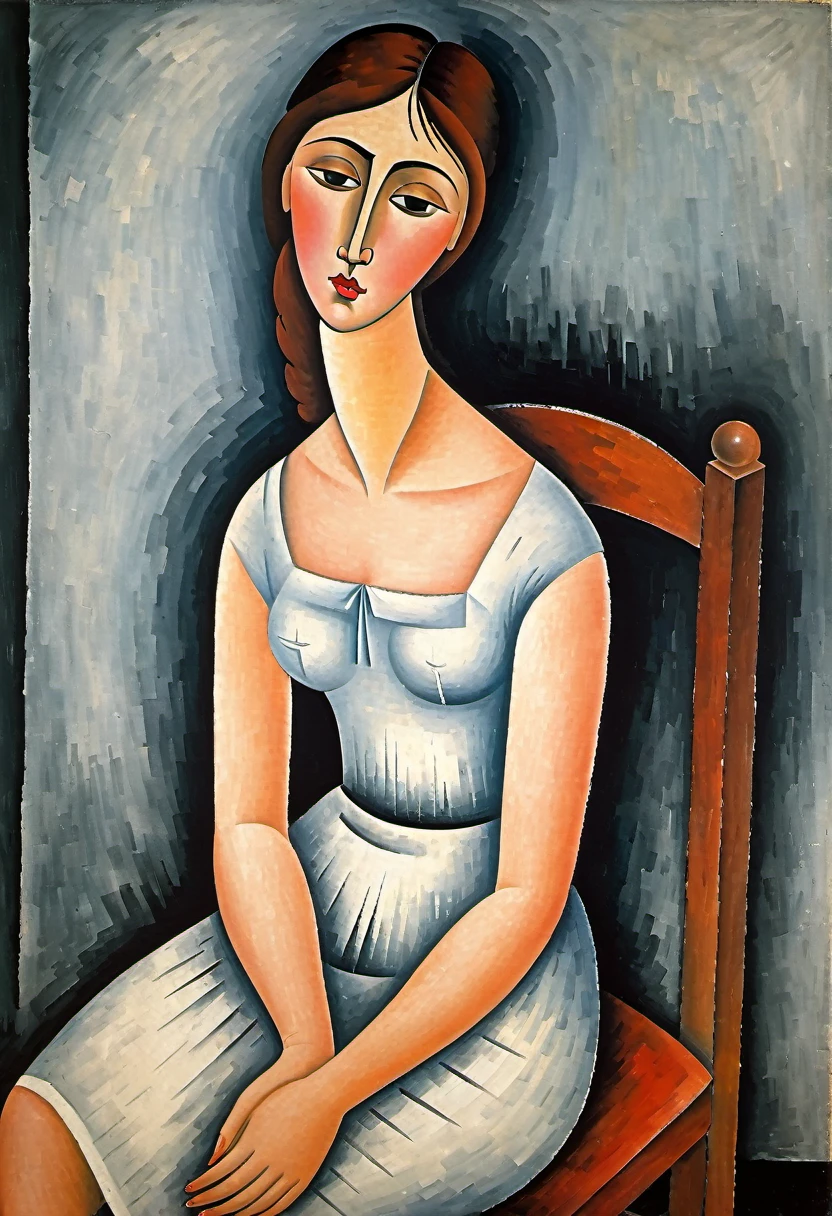 künstlerisches Gemälde im Stil von Amedeo Modigliani einer jungen Frau, die mit geneigtem Kopf und geschlossenen Augen auf einem Stuhl sitzt, in Nahaufnahme, sie hat hübsche Hände und ihre schlanken Arme sind auf den Knien platziert ,meditative Haltung, Selbstbeobachtung, die Linien der Zeichnung sind perfekte Kurven mit eleganten und einfachen Grafiken. In dieser Präsenz liegt ein Geheimnis und eine große Schönheit des Modells  