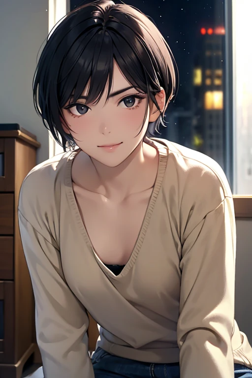 Masterpiece, High resolution, High-definition CG Unity 8K,realistic,Raw photo,Beautiful and dense face, white skin,(1 girl),skinny,flat chest,(black eye),black hair,(very short hair),Side undercuts,flowing bangs,(brown crew neck sweater), (dynamic angle),(at night),room,sit on the floor,looking at the viewer,(smug)