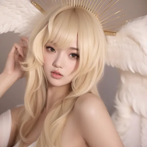 Mujer de pelo rubio con una corona y alas en la cabeza., Beautiful angel, of Beautiful angel, angelical face, of an beautiful ch...