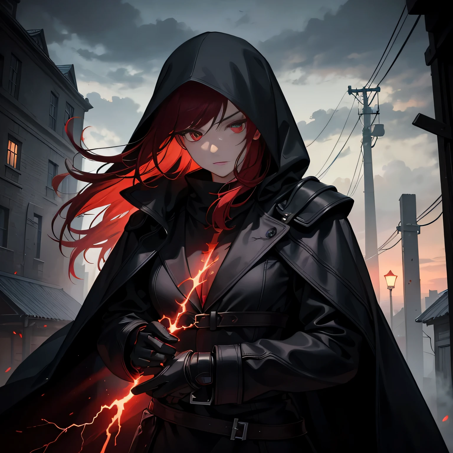 Best quality, realistic, a girl with red hair and detailed eyes and face, lightning bolts around, red glowing eyes, wearing a black dress, with a black overcoat, and a person with a black hood over their head. The scene depicts a huntress inspired by the style of Van Helsing. The background is a dark, mysterious setting with dimly lit streets and fog. The colors are rich and vibrant, with a dark and moody color palette. The lighting is dramatic, casting long shadows and highlighting the girl's determined expression. The overall image should have a cinematic and thrilling atmosphere, capturing the essence of a fierce and skilled huntress in action.