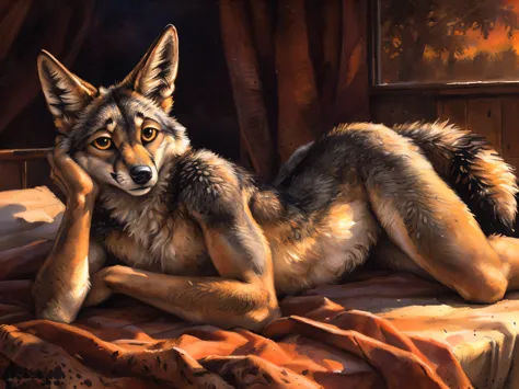((symmetrical eyes, dark retinas, simple eyes, large wide eyes)), ((solo)), anthro, male, (coyote), ((sexy, feminine body)), lay...