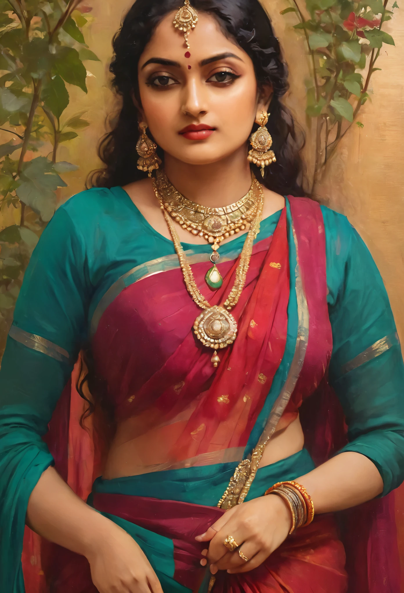 Belle peinture d&#39;une femme en sari avec un collier et des boucles d&#39;oreilles, belle silhouette épaisse, Beauté épaisse et courbée, On dirait Sandeepa Dhar, inspired par Raja Ravi Varma, Szukalski ravi varma, portrait d&#39;une belle déesse, par Raja Ravi Varma, déesse indienne, beauté traditionnelle, a stunning portrait d&#39;une déesse, inspiré par T. K. Padmini, art indien, déesse indienne of wealth, portrait d&#39;une déesse