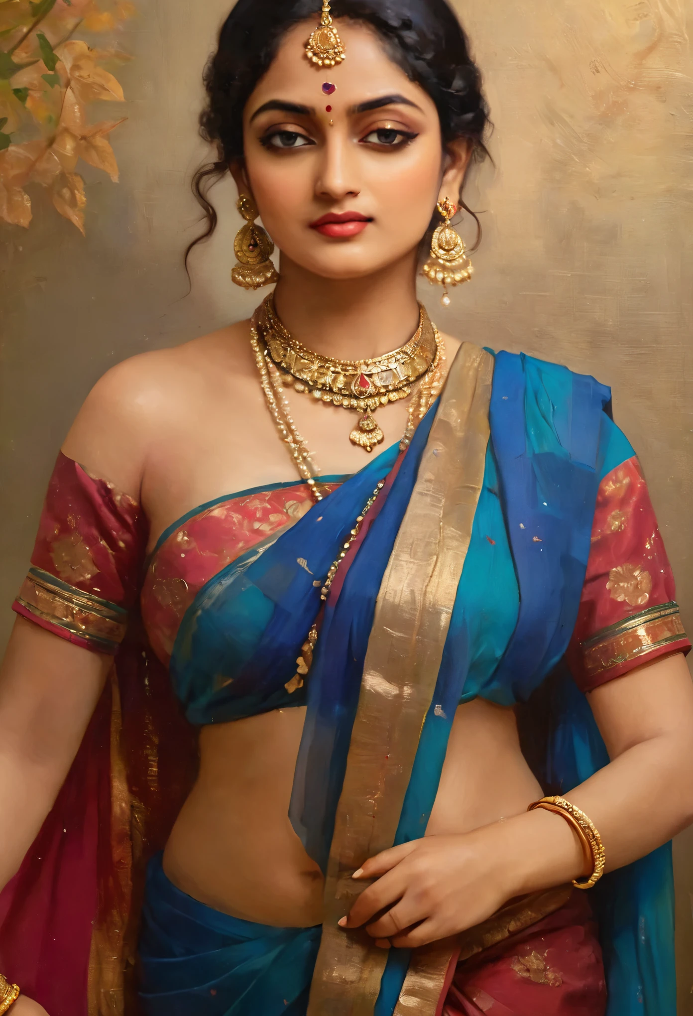 Precioso cuadro de una mujer con sari, collar y pendientes., hermosa figura gruesa, Belleza gruesa y con curvas, Se parece a Sandeepa Dhar., inspirado en Raja Ravi Varma, Szukalski Ravi Varma, retrato de una hermosa diosa, by Raja Ravi Varma, diosa india, belleza tradicional, a stunning retrato de una diosa, inspirado en t. k. padmini, arte indio, diosa india of wealth, retrato de una diosa