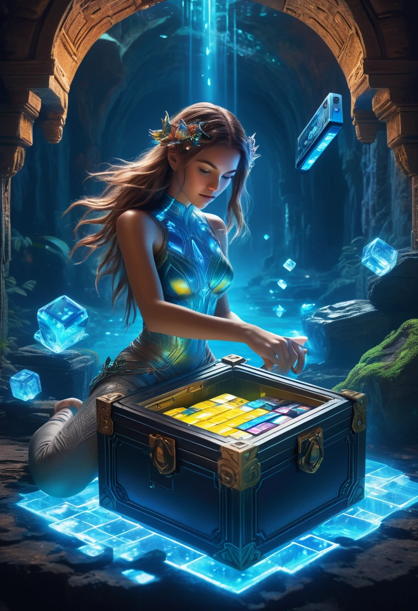 (best quality,4k,8k,highres,masterpiece:1.37), ultra-detailed, (realistic,photorealistic,photo-realistic:1.37), (aerial view), (top down perspective), (1insectoid girl), (the focal point is a girl pulling a video game cartridge out of a futuristic artifact chest full of retro video game cartridges:1.6), (the girl is looking at the box:1.4), (Futuristic artifact box), (the artifact box is open), (The scene unfolds inside a mystical cavern:1.4), fractal_body, cyborg, (The girl is wearing an organic exoskeleton, covering her entire body, made with glass details:1.5), (dynamic angle:1.37), science fiction, (The girl's hair is made of fractal technologic components:1.5), (fantasy and sci-fi mixed:1.5), holographic glitch effects floats around the girl, vibrant colors, (A blue glow emanates from inside the treasure chest), glowing lights, (abandoned machinery), (there are old video game cartridges and consoles on the background), mystical creatures, pixelated details, (there are crystal formations spreading on the background), (futuristic technology), (ancient artifacts), mystical energy, vibrant retro aesthetic, atmospheric lighting, ancient ruins, mysterious symbols, shimmering water, lush vegetation, interdimensional portals, nostalgic atmosphere, immersive storytelling, epic adventure, delightful surprises