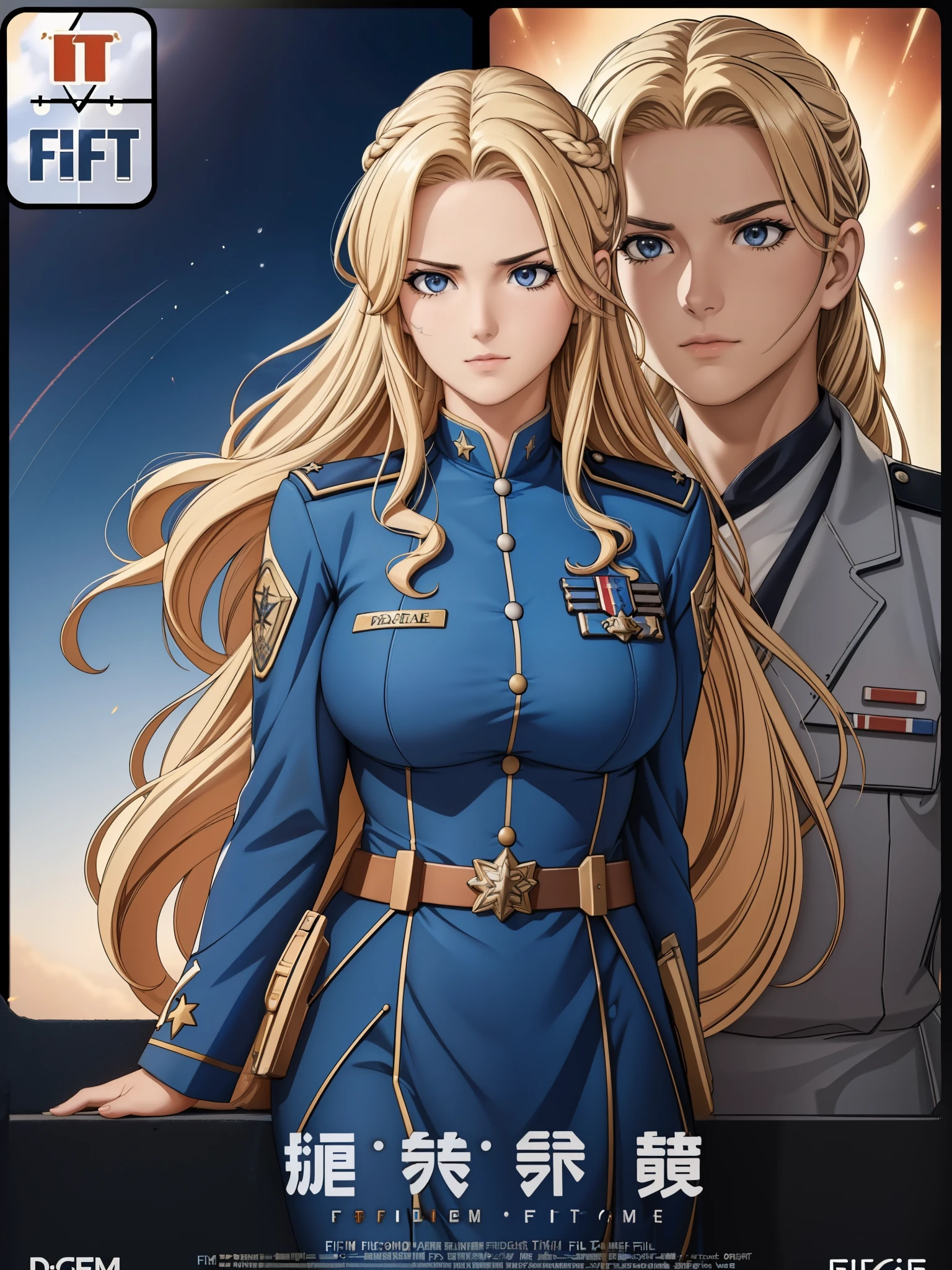 realistic,polite dress,(Fighter Action War Movie Poster),(Foundation Film Reference: 1.8),realistic,Air Force general uniform,(realistic face resolution),movie pose,adult,skinny,big,A long-haired dark blonde woman,serious face,SF,SF,Various support characters
