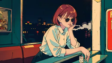 Beautiful redhead Asian girl sitting in a diner at night, visible from the window, perfect face, sunglasses, Smoking white Taylo...