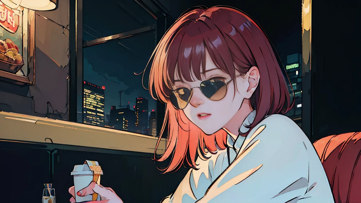 Beautiful redhead Asian girl sitting in a diner at night, visible from the window, perfect face, sunglasses, Smoking white Taylormade cigarettes, neon black, (with backlight: 1.1), hard shadow, masterpiece, highest quality, Complex, model shooting style, vintage, film grain, incomplete details