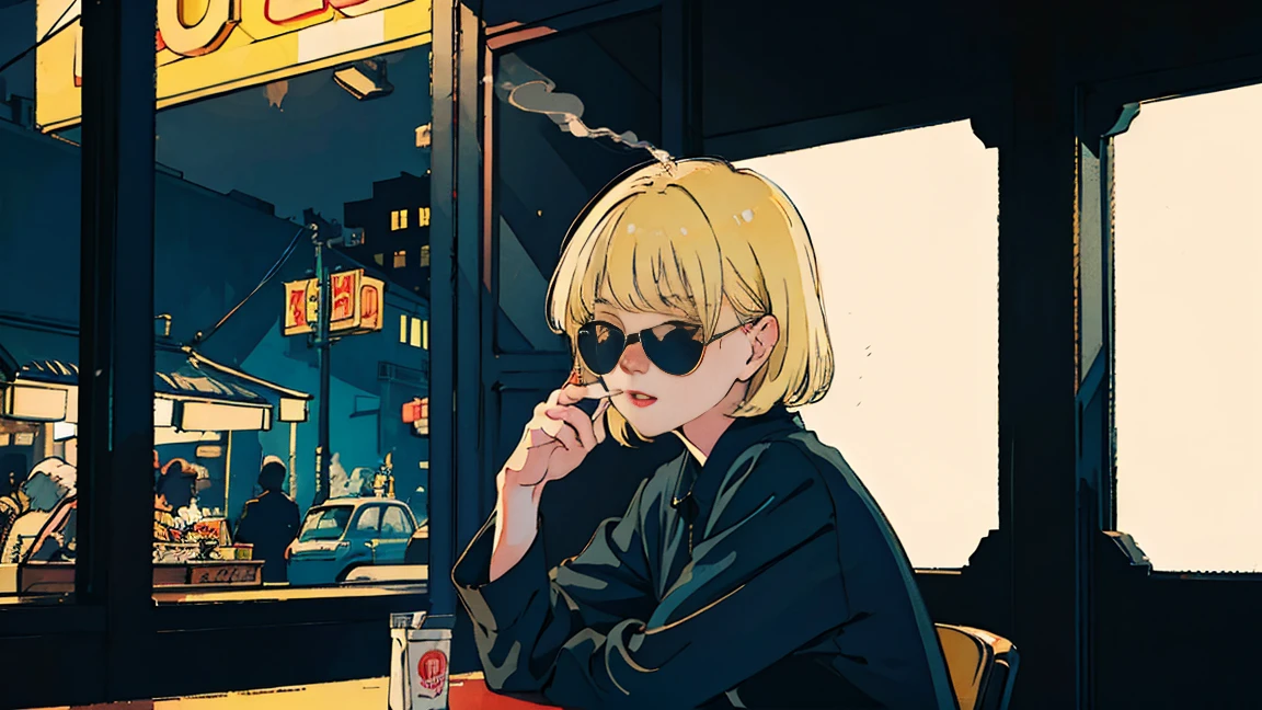 Beautiful blonde Asian girl sitting in a diner at night, visible from the window, perfect face, sunglasses, Smoking white Taylormade cigarettes, neon black, (with backlight: 1.1), hard shadow, masterpiece, highest quality, Complex, model shooting style, vintage, film grain, incomplete details