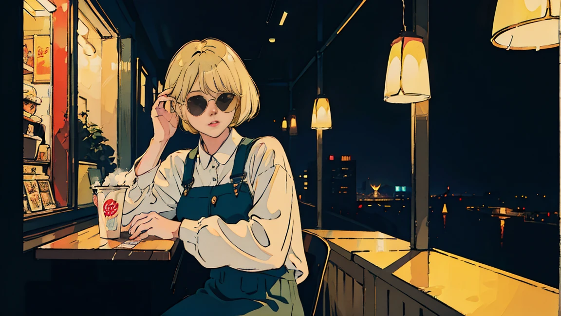 Beautiful blonde Asian girl sitting in a diner at night, visible from the window, perfect face, sunglasses, Smoking white Taylormade cigarettes, neon black, (with backlight: 1.1), hard shadow, masterpiece, highest quality, Complex, model shooting style, vintage, film grain, incomplete details