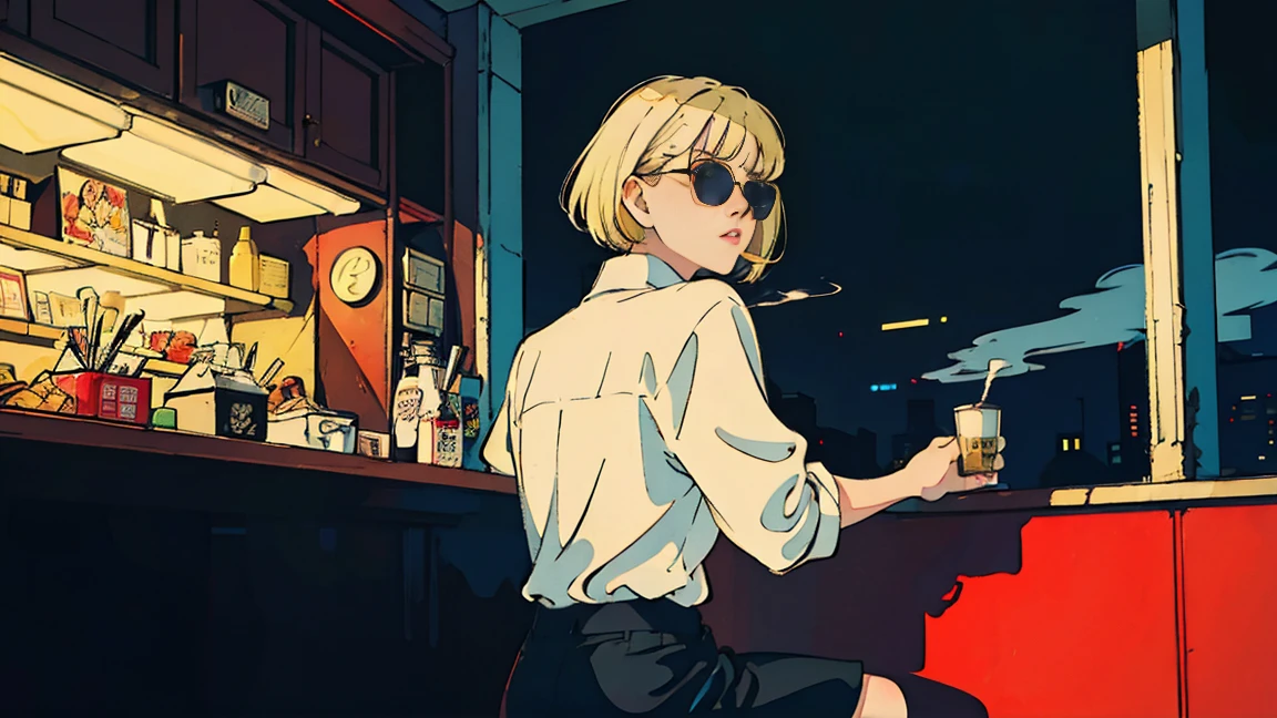 Beautiful blonde Asian girl sitting in a diner at night, visible from the window, perfect face, sunglasses, Smoking white Taylormade cigarettes, neon black, (with backlight: 1.1), hard shadow, masterpiece, highest quality, Complex, model shooting style, vintage, film grain, incomplete details
