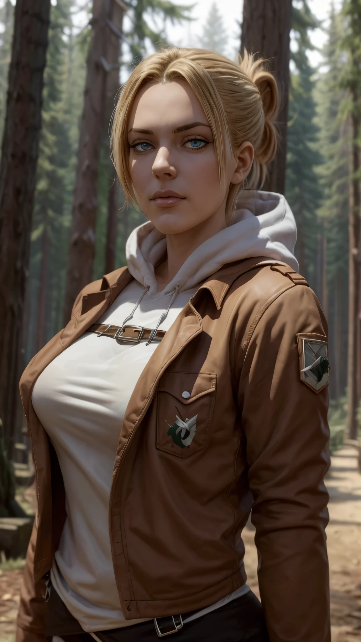 masterpiece, best quality, ultra-detailed, annie_leonhardt, 1girl, milf, mature face, thick, solo, long sleeves, jacket, open clothes, hood, open jacket, hoodie, hood down, brown jacket, white hoodie, paradis military uniform, forest background, volumetric lighting, intricate details, tonemapping, sharp focus, hyper detailed, trending on Artstation 